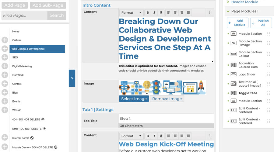 screenshot showing elements of Slate CMS modules.